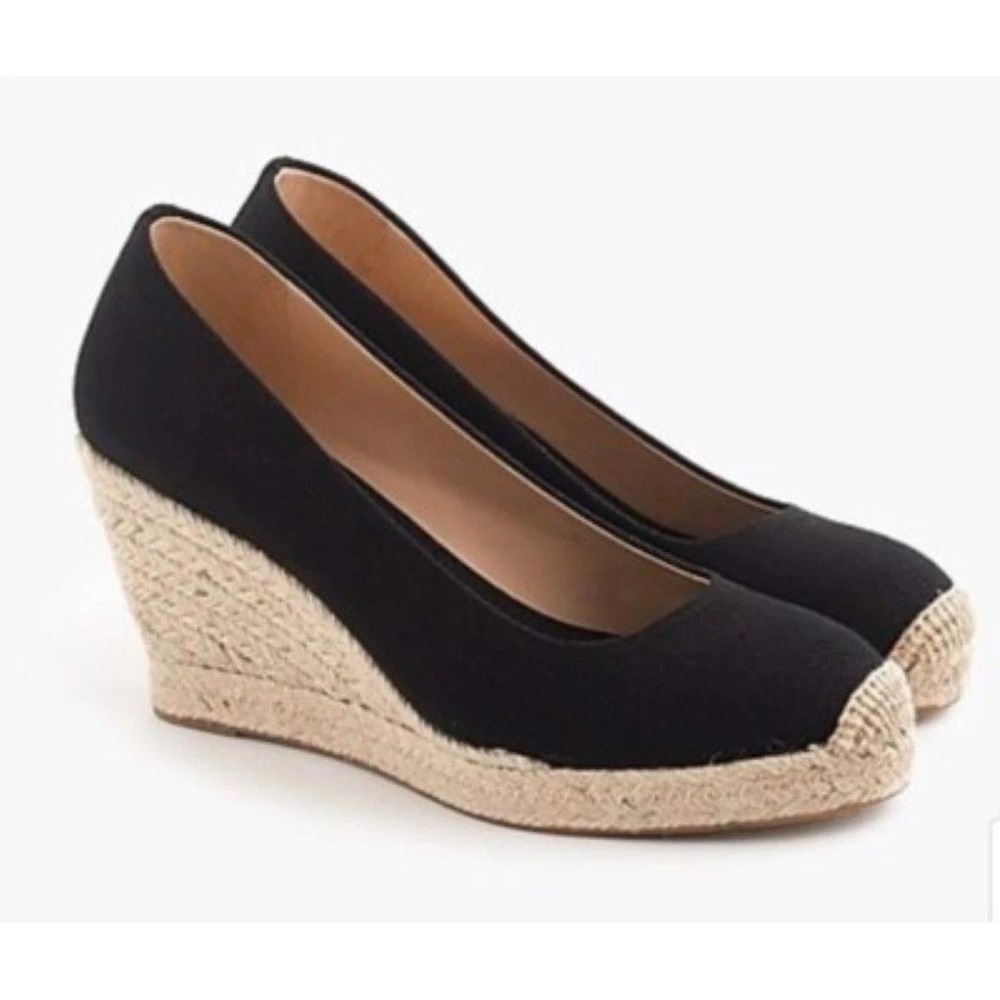 J. Crew Seville Espadrille Wedge Heel Womens 9.5 Black Canvas Round Toe Coastal